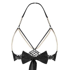 Erotic black open bra by BoundUp. Under the breasts, the bra has black lace. At the straps and the seam around the breasts, the whole is in a black fabric with some parts in white beads. The back of the bra has a bow with thick, silky black bands.