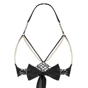 Soutien-gorge ouvert Erotique noir de la marque BoundUp. En dessous des seins, le soutien possède de la dentelle noir. Au niveau des bretelles et de la couture autour des seins, le tout est dans un tissu noir avec certaines parties en perles blanches. L’arrière du soutien-gorge possède un noeud aux bandes noires épaisses et soyeuses.