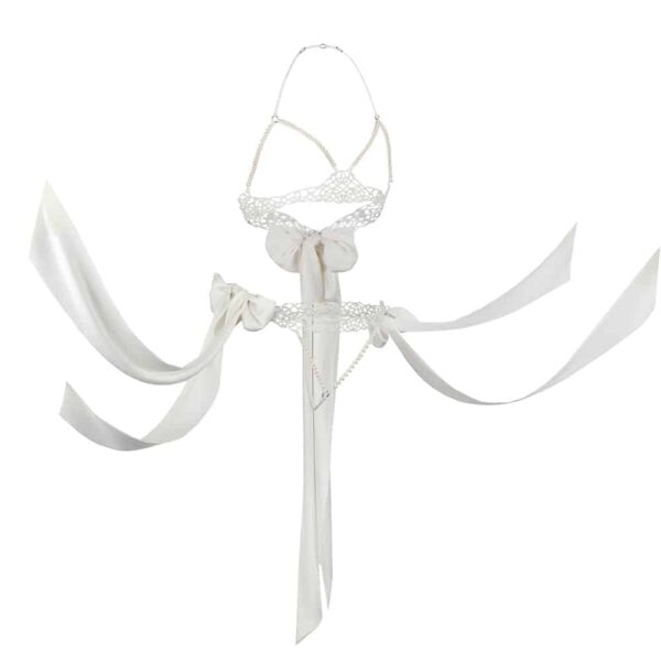 Conjunto de sujetador y tanga blanco BOUNDUP de Brigade Mondaine con sujetador de encaje y perlas con cinta de seda en la espalda y dos cintas en los extremos para el tanga