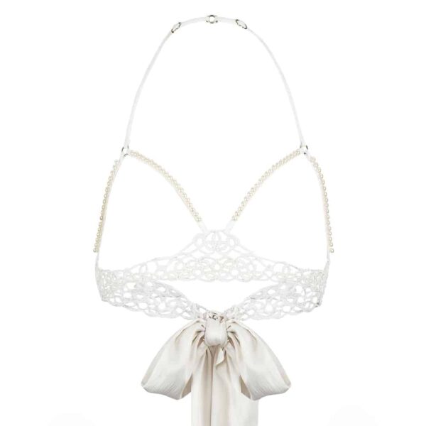 White BOUNDUP bra at Brigade Mondaine decorated with lace and pearl with a silk ribbon on the back
