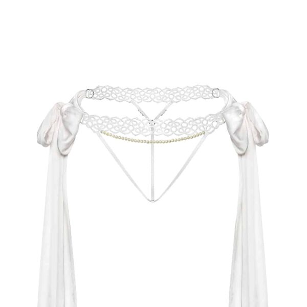 White BOUNDUP thong at Brigade Mondaine with lace and pearl and silk ribbons at both ends