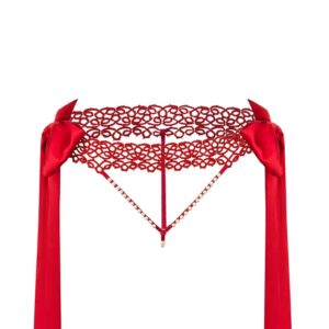 Erotic red open panties from BoundUp. The waistband of the open panties is red lace and on each side there are red ribbons that tie around the waist. The back of the panties is string. On the front of the panties is open and there are two thin bands that pass in V with white beads on it.