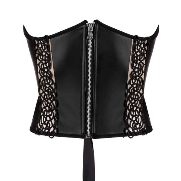 Le corset When Your Desire ComeTrue de la marque BOUNDUP est noir à l'avant avec des découpes sur le côté et un zip au milieu. Dans le dos, le corset est de couleur beige avec un laçage