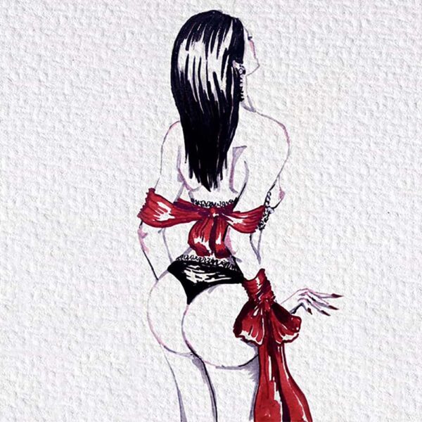 Halter-BH Lady in red von der Marke BoundUp. Es handelt sich um die Zeichnung einer Frau, deren Hände auf dem Rücken durch ein breites rotes Tuch in Form einer Schleife gefesselt sind. Sie trägt ein schwarzes Höschen und einen offenen BH mit schwarzen Perlen. Sie steht von hinten und hat den Kopf leicht nach hinten geneigt.