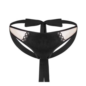 BOUNDUP's When Your Desire Come True panty is black and beige and also open at the back. It was designed in handmade French lace and vegan leather. It also has two silk ribbons in the back.