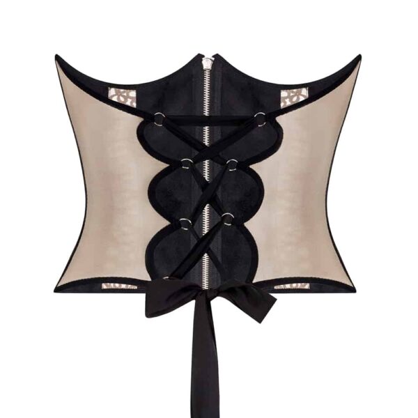 Le corset When Your Desire ComeTrue de la marque BOUNDUP est noir et beige avec un laçage dans le dos, des découpes sur le côté et un zip à l’avant.