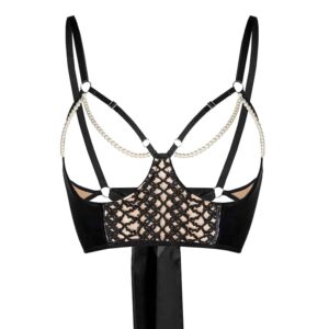 The Hunt Love Enjoy bustier from BOUNDUP is black and donut with white beads in the opening that leaves visible breasts