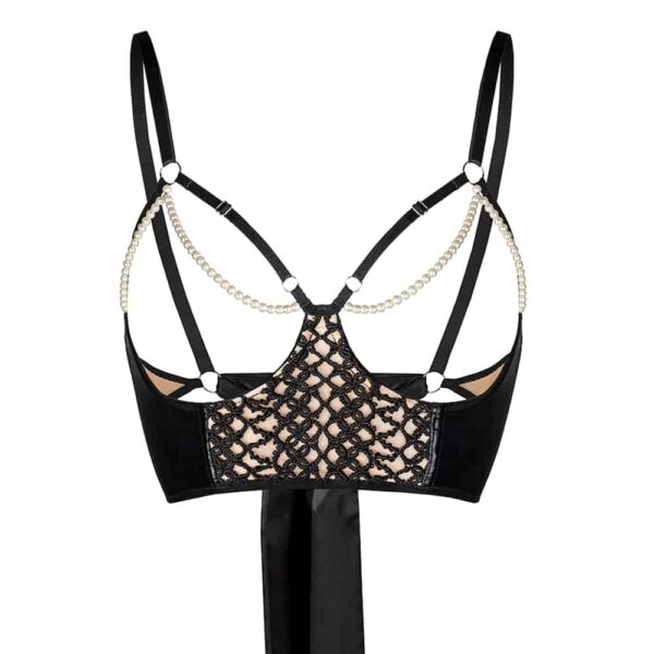 Das Bustier Hunt Love Enjoy der Marke BOUNDUP ist schwarz und beigne mit weißen Perlen in der Öffnung, die die Brüste sichtbar macht.