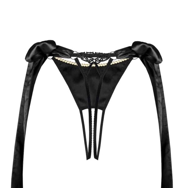 Thong Hunt Love Enjoy of the brand BOUNDUP. The black thong is embellished with white beads on the front and satin stripes on the sides. The back is open, there is no crotch.
