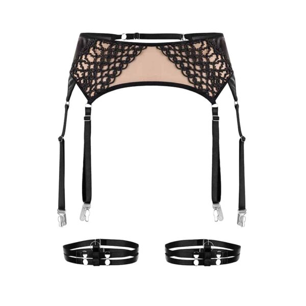 Hunt Love Enjoy garter belt and garters by BoundUp. The back of the garter belt is flesh color with lace patterns. The rest of the piece is black as well as the garters.