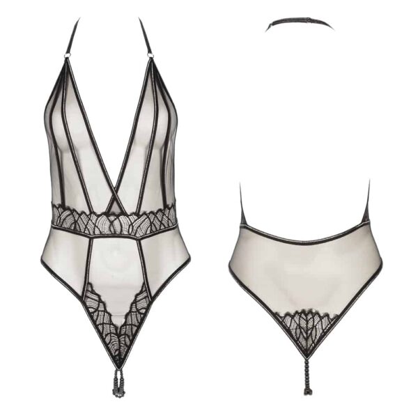 Collection Manhattan de Bracli. Body String Point G noir transparent et en dentelle de la marque Bracli. Le body est string et possède des perles noires au niveau de la zone string.