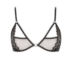 Collection Manhattan de la marque Bracli. Soutien gorge noir triangle Manhattan Lurex transparent et à dentelle. La couture est soulignée par des paillettes argentées.