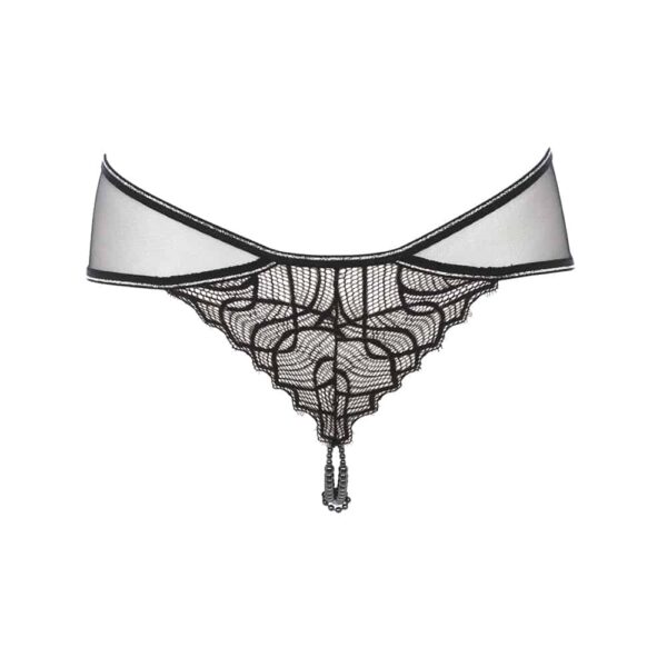 Manhattan collection by Bracli. Manhattan open panties G Point black transparent and with lace. It has black beads at the thong part.