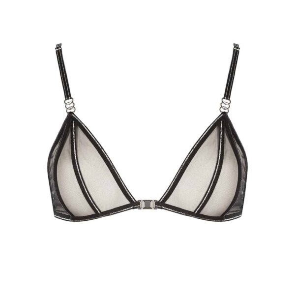 Collection Manhattan de la marque Bracli. Soutien gorge noir croisé Manhattan Lurex transparent et à dentelle. La couture est soulignée par des paillettes argentées.