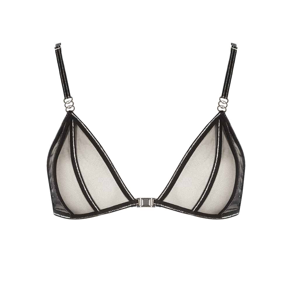 Collection Manhattan de la marque Bracli. Soutien gorge noir croisé Manhattan Lurex transparent et à dentelle. La couture est soulignée par des paillettes argentées.