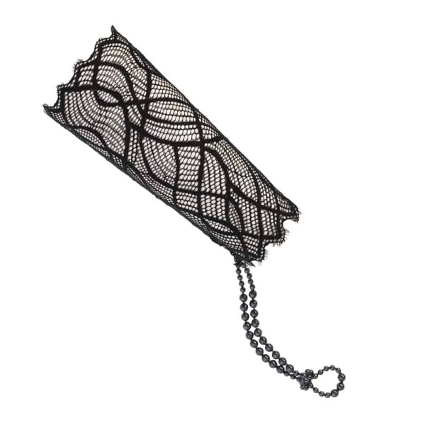 Manhattan-Kollektion der Marke Bracli. Schwarzes Spitzenhandgelenk G-Punkt Manhattan transparent und mit Spitze. Die Naht wird durch silberne Pailletten betont.
