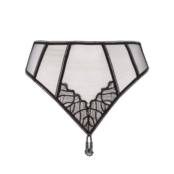 Collection Manhattan de la marque Bracli. Culotte haute Manhattan Point G noir transparent et à dentelle. Il possède des perles noir au niveau de la partie string.