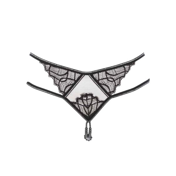 Collection Manhattan de la marque Bracli. Tanga Manhattan Point G noir transparent et à dentelle. Il possède des perles noir au niveau de la partie string.