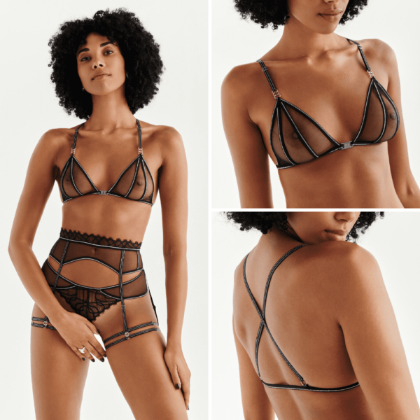 Black cross-over bra from the Manhattan collection by Bracli. The bra is in black, sheer with some thin black lines that run across the bra from top to bottom and are glittery. The straps of the bra cross in the back.