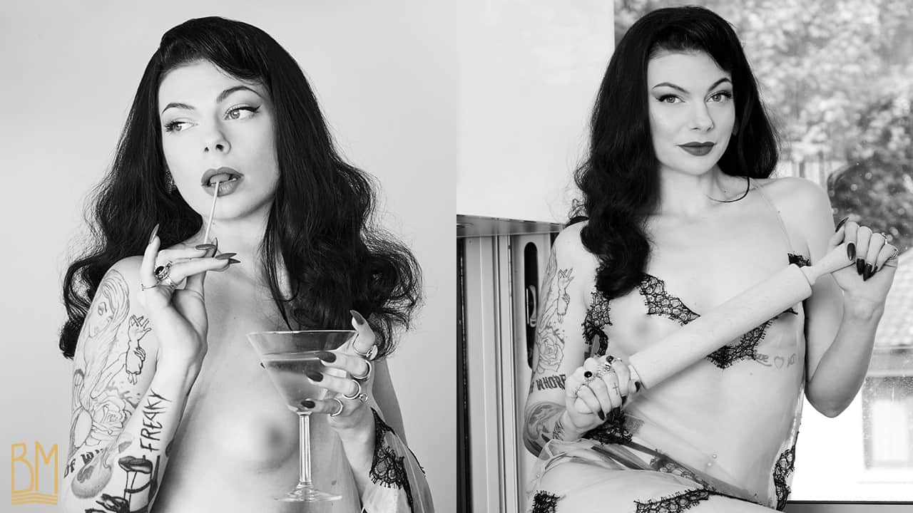 Montaje de dos fotos de Julie Von Trash con un kimono transparente de la marca Ludique, realizadas por Studio Volua Paris. Las fotos son en blanco y negro y fueron tomadas en una cocina. En la primera está sentada sobre la mesa de trabajo sorbiendo un martini, mientras que en la segunda sostiene un rodillo.