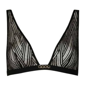 Soutien triangle noir de la marque Atelier Amour disponible chez Brigade Mondaine. Le soutien est transparent à motifs ethniques. Au centre au niveau des armatures, il y a une petite chaine verticale en or.