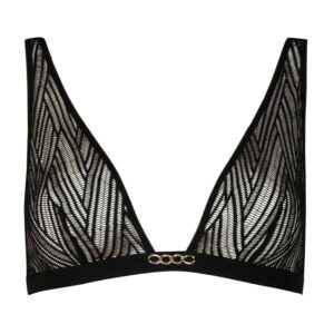 Black triangle support from the brand Atelier Amour available at Brigade Mondaine. The support is transparent with ethnic patterns. In the center at the level of the underwires, there is a small vertical gold chain.