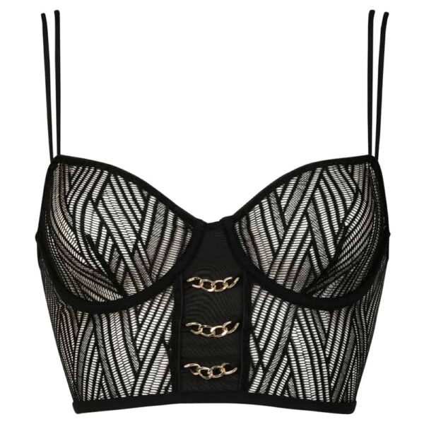 Bustier Black sensual wave of the brand Atelier Amour available at Brigade Mondaine. The bustier is transparent with thin black vertical waves. In the center there is black fabric and three small gold chains that cross this area.