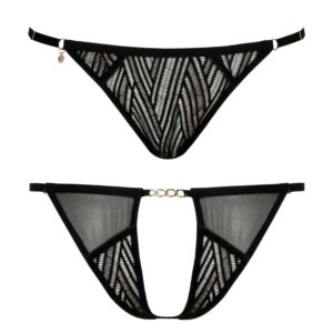 Black thong panties Onde Sensuelle from the brand Atelier Amour available at Brigade Mondaine. The panties are transparent with ethnic patterns except on the ends. There is a chain in black that passes through the belt of the panties in the back.
