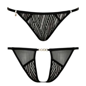 Bragas negras tipo tanga Onde Sensuelle de Atelier Amour disponibles en Brigade Mondaine. Las bragas son transparentes con motivos étnicos excepto en los extremos. Hay una cadena en negro que recorre la cintura de las bragas en la parte trasera.