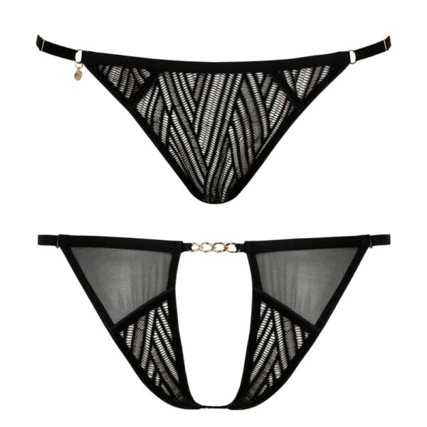 Culotte noir string Onde Sensuelle de la marque Atelier Amour disponible chez Brigade Mondaine. La culotte est transparente avec des motifs ethniques sauf sur les extrémités. Il y a une chainette en noir qui passe au niveau de la ceinture de la culotte dans le dos.