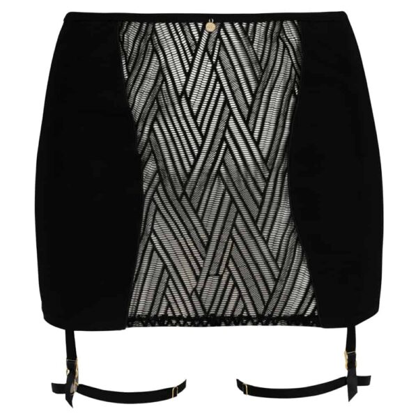 Jupe ouverte noir Onde Sensuelle de la marque Atelier Amour disponible chez Brigade Mondaine. Les côtés de la jupe sont noir alors que le milieu est transparent avec des motifs ethniques noirs. L’arrière de la jupe est ouvert.