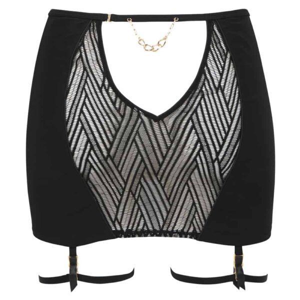Jupe ouverte noir Onde Sensuelle de la marque Atelier Amour disponible chez Brigade Mondaine. Les côtés de la jupe sont noir alors que le milieu est transparent avec des motifs ethniques noirs. L’arrière de la jupe est ouvert.