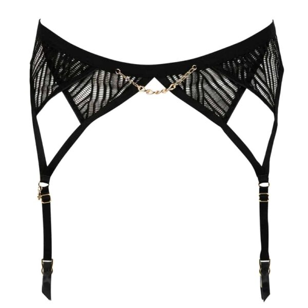 Black suspender belt Onde sensuelle of the brand Atelier Amour available at Brigade Mondaine. The fabric of the garter belt is transparent with ethnic patterns. In the center, there is a small vertical gold chain.