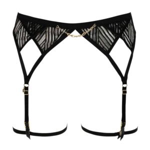 Black suspender belt Onde sensuelle of the brand Atelier Amour available at Brigade Mondaine. The fabric of the garter belt is transparent with ethnic patterns. In the center, there is a small vertical gold chain.