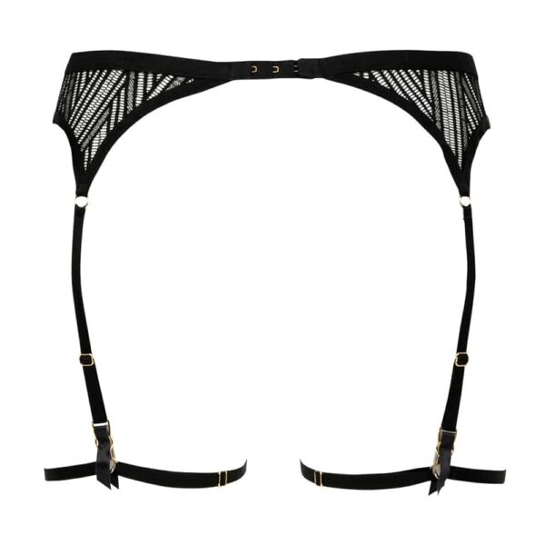 Black suspender belt Onde sensuelle of the brand Atelier Amour available at Brigade Mondaine. The fabric of the garter belt is transparent with ethnic patterns. In the center, there is a small vertical gold chain.