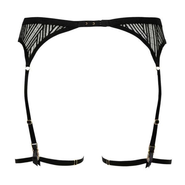 Porte-jarretelle noir Onde sensuelle de la marque Atelier Amour disponible chez Brigade Mondaine. Le tissu du porte-jarretelle est transparent à motifs ethniques. Au centre, il y a une petite chaine verticale en or.