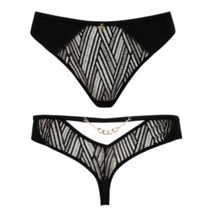 Tanga negro Onde Sensuelle de la marca Atelier Amour disponible en Brigade Mondaine. Las bragas son transparentes con motivos étnicos excepto en los extremos. Hay una cadena en negro que recorre la cintura de las bragas en la parte trasera.