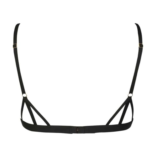 Black triangle bra from Atelier Amour available at Brigade Mondaine. The bra is transparent with thin black vertical stripes and is lined at the cup. In the center of the underwire, there is a small vertical gold chain.