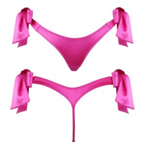 Pink silk panties Electra by Kaimin. The panties are simple but notched on the front and shaped like a tanga in the back. Two large bows decorate the product on the hips.