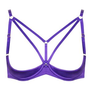 Open bra in purple silk from the brand Kaimin. The bra contains only a shell covering the bottom of the breast. A ring placed between the breasts allows to hold two elastics placed on the breast to the shoulders. At the back the bra is simple and clasps