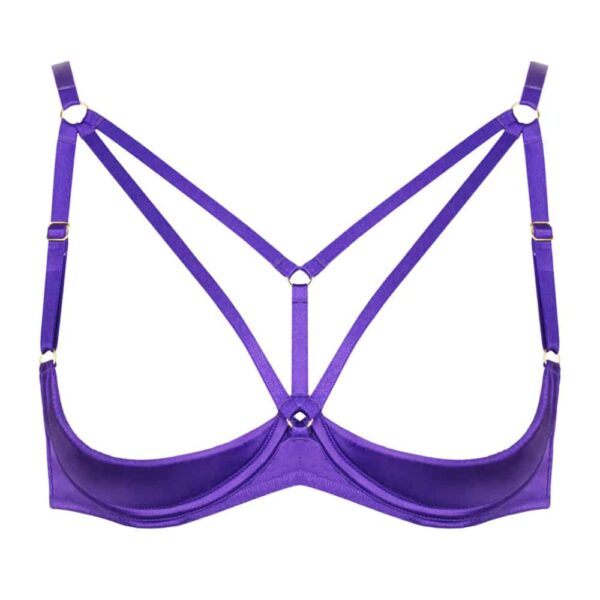 Soutien Gorge ouvert en soie violet de la marque Kaimin. Le soutien gorge ne contient qu’une coque couvrant le bas du sein. Un anneau placé entre les seins permet de tenir deux élastiques placé sur le sein jusqu’au épaules. A l’arrière le soutien gorge est simple et s’agraphe