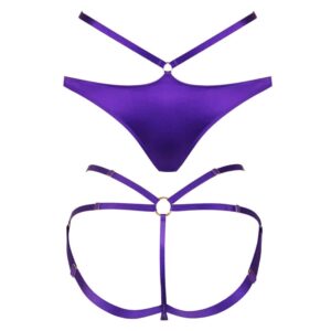 Open panty Electra in purple silk by Kaimin. The panty is embellished with a central ring placed on the top of the covering part which redistributes two elastics towards the hips. At the back the panty is completely open and has an elastic placed like a thong.