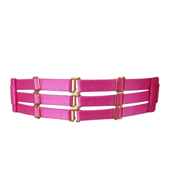 Matrix pink garters from Kaimin. The product is made from a thick elastic on the front decorated with a ring in its center. In the back three small bands are connected by small gold hooks.