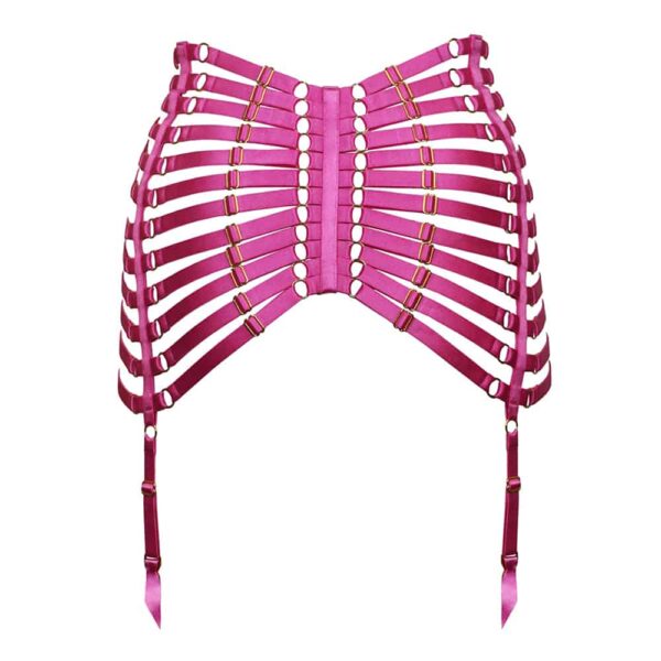 Matrix suspender skirt from the brand Kaimin. The product is a skirt with a large piece on the front that wraps the belly. On the hips fine elastics are arranged and joined at the back by two rows of rings. The whole is a full-bodied pink color and each elastic is adjustable.