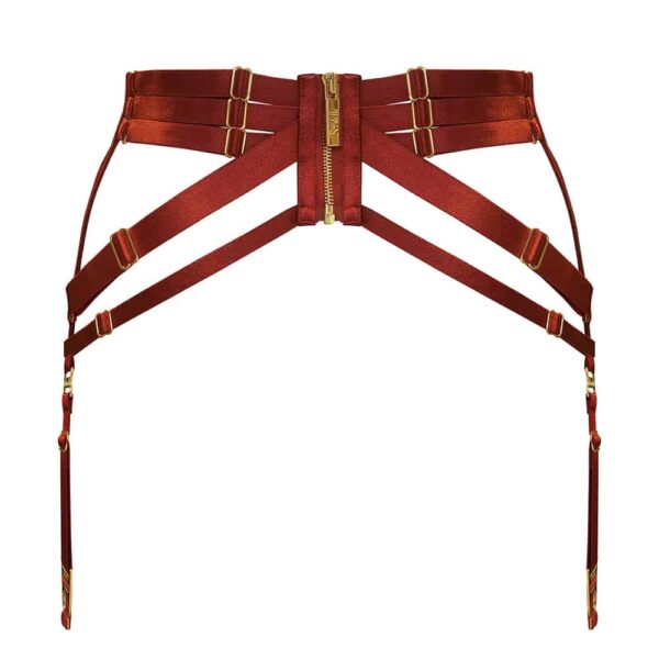 Back suspender belt from bordelle signature burnt red with 24 carat finishes