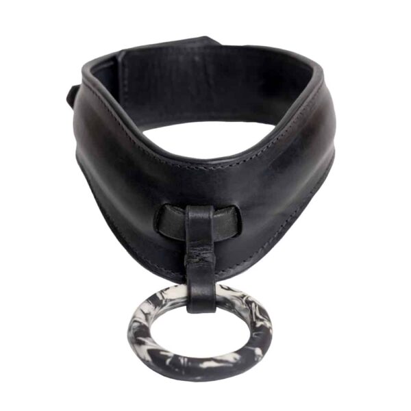 Black leather choker necklace with a black and white marble middle ring by Adele Brydges at brigade mondaine