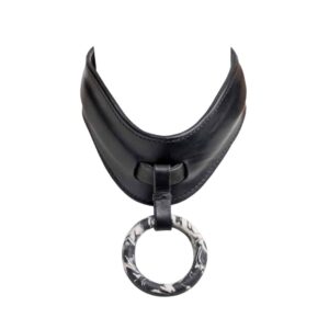 Black leather choker necklace with a black and white marble middle ring by Adele Brydges at brigade mondaine