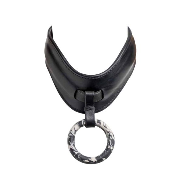 Black leather choker necklace with a black and white marble middle ring by Adele Brydges at brigade mondaine