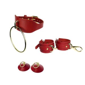 Set bestehend aus roten Handschellen, einem roten Choker bestehend aus 24 Karat-Ringen, roten Nippies in Form von Kegeln bestehend aus 24 Karat-Ringen bei brigade mondaine.