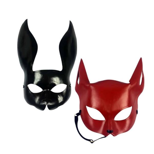 set composed of a black leather bunny mask and a red fox mask at brigade mondaine
